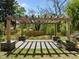 Backyard pergola with stone supports, a paved patio, and a lush green lawn with manicured landscaping at 109 N Hassel St, Hillsborough, NC 27278