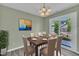 Elegant dining room features a wooden table, seating for six, and sliding glass doors to the backyard at 121 Drumbuie Pl, Garner, NC 27529