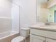 Bathroom with shower and tub combo, toilet and single sink vanity with mirror at 14 Relaxing Way, Pittsboro, NC 27312