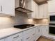Stylish kitchen featuring white cabinets, gray subway tile backsplash, and stainless steel appliances at 14 Relaxing Way, Pittsboro, NC 27312