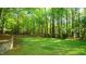 Large, lush backyard with a stone wall, mature trees and plenty of space for recreation or relaxation at 1505 Sharnbrook Ct, Raleigh, NC 27614