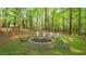 Inviting fire pit area surrounded by seating, nestled among mature trees, creating a cozy outdoor gathering space at 1505 Sharnbrook Ct, Raleigh, NC 27614