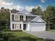 Charming two-story home featuring gray and white siding, black shutters, and a two-car garage, surrounded by lush greenery at 213 Delma Grimes Rd, Coats, NC 27521