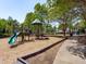 A green and tan play structure sits on wood chips, surrounded by mature trees at 2412 Castleburg Dr, Apex, NC 27523