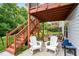 Relaxing patio area with white Adirondack chairs beneath a wooden deck and staircase at 2912 Historic Cir, Morrisville, NC 27560