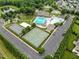 An aerial view showcasing the community amenities, including a pool, tennis courts, playground, and well-manicured landscaping at 4020 Kinsley Trce, Burlington, NC 27215