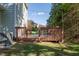 View of the deck from the backyard with two Adirondack chairs, a wooden fence, and green grass at 612 Spring Meadow Dr, Durham, NC 27713