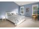 Comfortable bedroom features light blue walls and two windows allowing for natural light at 612 Spring Meadow Dr, Durham, NC 27713