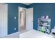 This bedroom has blue walls and a shelf with books and toys at 612 Spring Meadow Dr, Durham, NC 27713