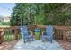 A wooden deck furnished with a pair of blue chairs and a blue table with flowers at 612 Spring Meadow Dr, Durham, NC 27713