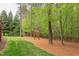Grassy backyard featuring a swing set with a wooded perimeter provides privacy at 7633 Summer Pines Way, Wake Forest, NC 27587