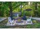 Landscaped backyard area with fire pit, outdoor seating, and additional storage at 1023 Laura Johnson Rd, Pittsboro, NC 27312