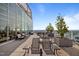 Stylish rooftop lounge area with comfortable seating, greenery, and a stunning cityscape backdrop at 110 N Corcoran St # 2101, Durham, NC 27701