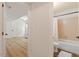 View of a full bathroom with shower/tub combo and beige tile at 1209 Shincliffe Ct, Cary, NC 27511