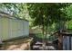 Backyard view featuring storage shed, mature trees, and landscaping at 213 Beechtree Dr, Cary, NC 27513