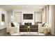 Open living room with two sofas, two chairs, fireplace and large windows with natural light at 4008 Shadbush St, Raleigh, NC 27616