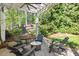 Outdoor patio area with seating and fire pit, surrounded by mature trees at 402 Vatersay Dr, Apex, NC 27502