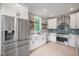 Modern kitchen featuring stainless steel appliances, white cabinets, and stylish blue backsplash tiles at 621 Bon Air Ave, Durham, NC 27704