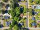 Bird's eye view showcases a residential area with tree-lined streets and well-maintained homes, providing a peaceful setting at 704 N Orange Ave, Dunn, NC 28334