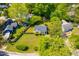 An aerial view of a charming home with a fenced yard surrounded by lush greenery at 705 Hartford Rd, Raleigh, NC 27610