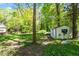 View of the backyard featuring green space, garden, and a storage shed at 803 Old Mill Rd, Chapel Hill, NC 27514