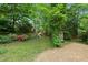 Lush backyard featuring a play set and mature trees creates a serene outdoor space for relaxation at 905 Cindy St, Cary, NC 27511