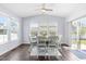 Bright dining room area with modern furniture and large windows overlooking the backyard at 112 Gadsbury Dr, Holly Springs, NC 27540