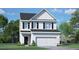 Charming two-story home with a gray roof, white siding, a two-car garage and a green lawn at 112 Global Ave, Fuquay Varina, NC 27526