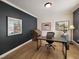 Office with dark blue accent wall and hardwood floors, offering ample natural light and space at 113 Chesterfield Dr, Cary, NC 27513