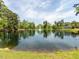 Scenic community pond with a fountain surrounded by lush greenery and mature trees at 117 Whitehaven Ln, Cary, NC 27519