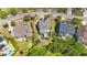 Beautiful aerial view of a gray home, highlighting the backyard, patio, pool, and surrounding greenery in a suburban neighborhood at 3832 Crimson Clover Ave, Wake Forest, NC 27587