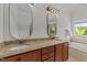 Bathroom features double vanity, granite counters, framed mirrors, and a soaking tub with window views at 3832 Crimson Clover Ave, Wake Forest, NC 27587