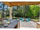 The backyard has an outdoor kitchen, fireplace, and chairs surrounding the patio at 4001 Belmont Forest Way, Raleigh, NC 27606
