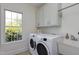Well-lit laundry room with modern washer/dryer, utility sink, and view of landscaped yard at 4001 Belmont Forest Way, Raleigh, NC 27606
