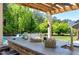 Outdoor kitchen area featuring a granite countertop and barstool seating, perfect for outdoor dining at 4001 Belmont Forest Way, Raleigh, NC 27606