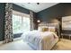 Stylish bedroom with a large window, patterned curtains, and a comfortable-looking bed with decorative pillows at 5265 Aleppo Ln, Raleigh, NC 27613