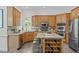 Spacious kitchen featuring stainless steel appliances, tile backsplash, an island, and barstool seating at 5504 Spring Bluffs Ln, Raleigh, NC 27606