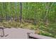 Backyard view from deck showing wooded lot with shed and fenced area at 6614 Chantilley Place, Bahama, NC 27503