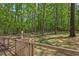 View of the wooded backyard, fenced perimeter, and a variety of mature trees at 6614 Chantilley Place, Bahama, NC 27503