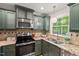 Updated kitchen boasts granite countertops, stainless appliances and tiled backsplash at 6614 Chantilley Place, Bahama, NC 27503