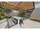 Outdoor patio featuring a dining table under a pergola, on stone tiles with greenery surrounding the space at 1101 Norris St, Raleigh, NC 27604