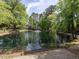 Scenic pond with fountain feature surrounded by lush greenery and mature trees at 207 Reedhaven Dr, Cary, NC 27513