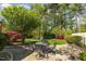 Backyard features stone paver patio with seating and beautiful landscaping at 2545 Churchill Dr, Burlington, NC 27215
