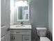 This bathroom features a granite vanity, white cabinets, and a white framed mirror at 314 Gray Ave, Durham, NC 27701