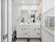 Well-lit bathroom with a double sink vanity, white cabinets, neutral paint and modern fixtures at 390 Hunting Wood Dr, Angier, NC 27501