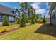 Landscaped backyard with a blue home, green lawn, and decorative trees at 4412 Powell Grove Ct, Raleigh, NC 27606