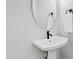 Clean, minimalist powder room featuring a pedestal sink with black hardware and a modern oval mirror at 4412 Powell Grove Ct, Raleigh, NC 27606