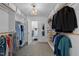 Spacious walk-in closet with ample shelving, clothing racks, a decorative light fixture, and carpet floor at 504 Cameron Glen Dr, Apex, NC 27502