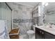 Bathroom featuring decorative tile, glass enclosed shower, and vanity with sink at 508 2Nd Street St, Apex, NC 27502
