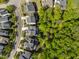 Birds eye view of a neighborhood, highlighting the lush tree coverage and the layout of the streets and homes at 5605 Cary Glen Blvd, Cary, NC 27519